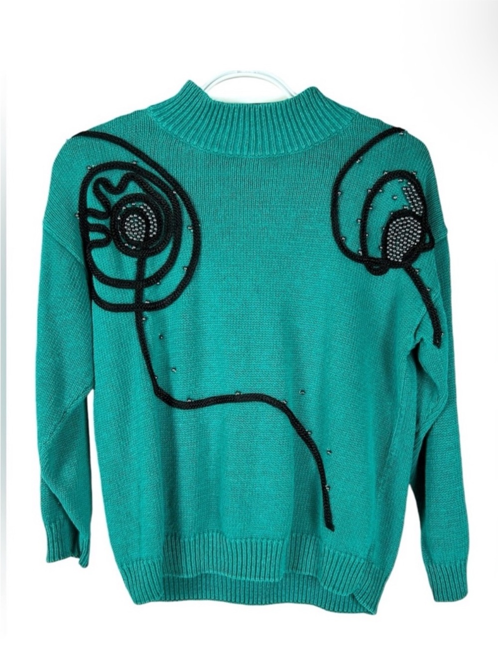 Vintage Teal Embellished Mock Neck Women's
Sweater